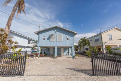 A gated blue house with palm trees under the blue sky