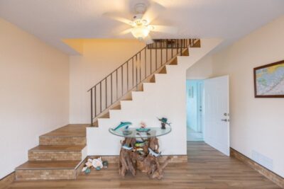 Foyer with door to the right leading to the downstairs guest room and stairs leading to the main living area